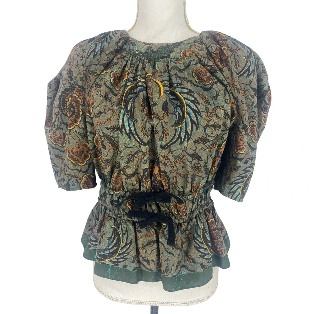 Ulla Johnson Denisa Top Spruce‎ Floral Cotton Peplum Blouse Size 6